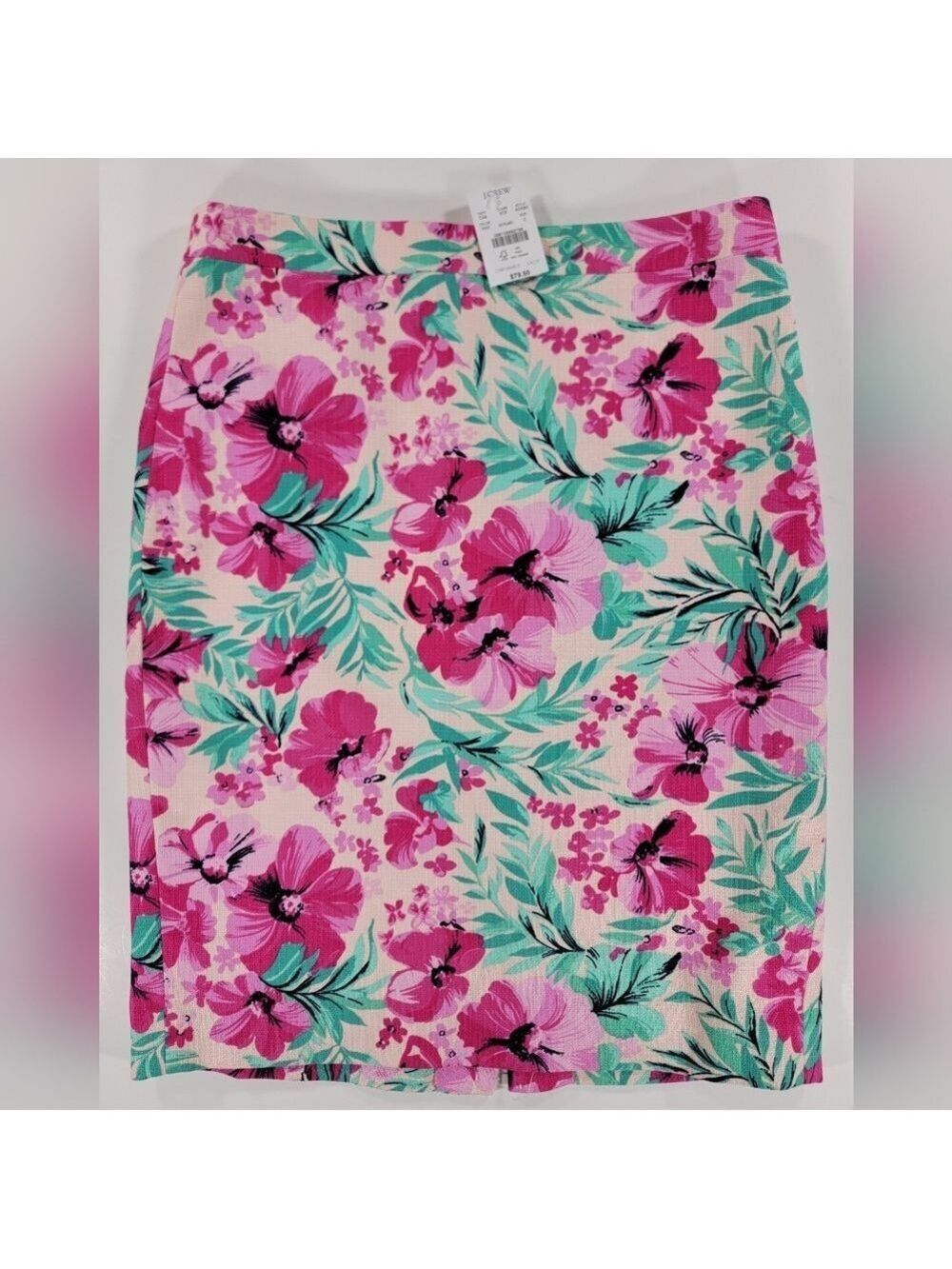 NEW J. Crew Pink and Green Hibiscus Floral Tropical Pencil Skirt Lined Cotton 2